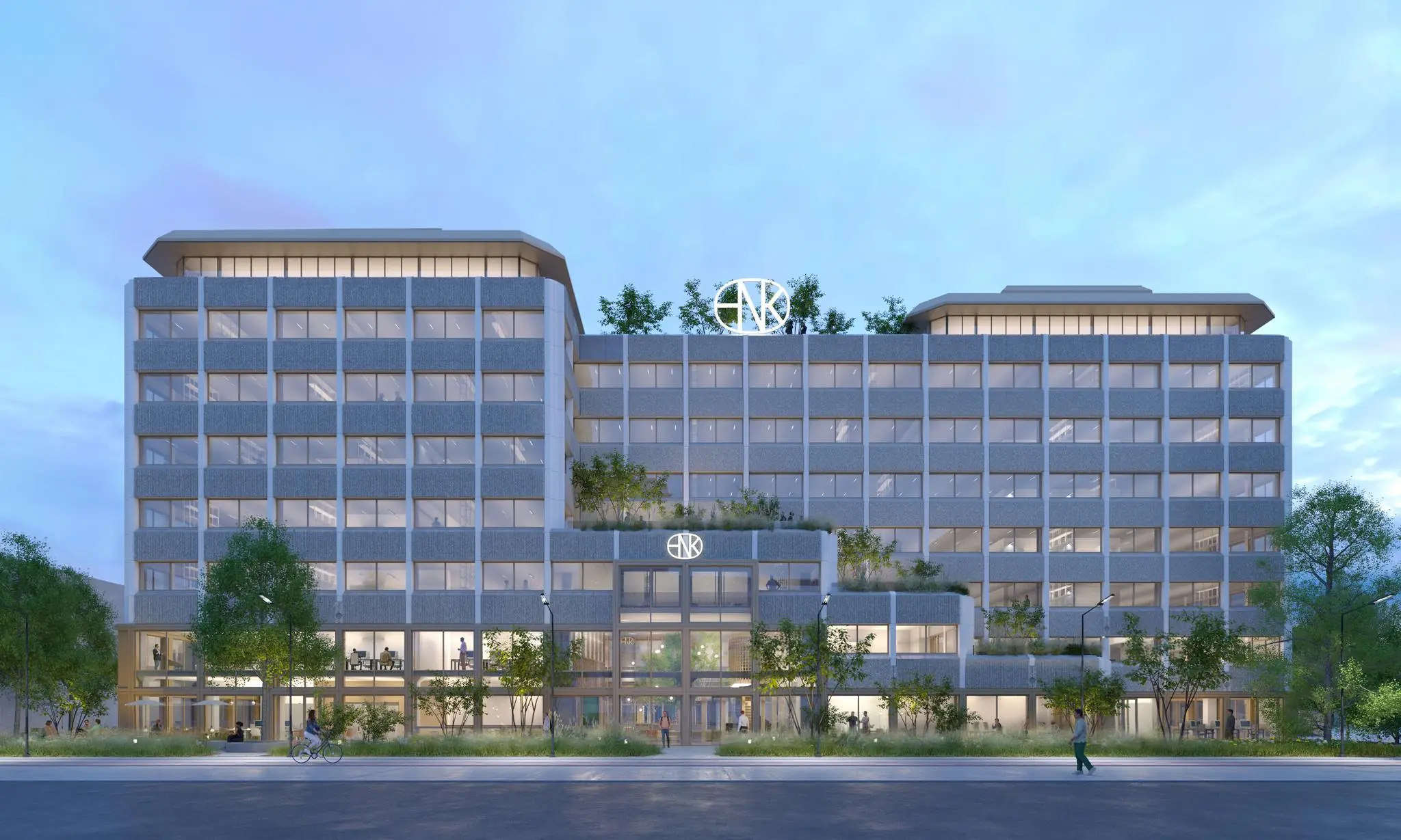 Modern kantoorgebouw aan de Marten Meesweg met glazen gevel en groene dakterrassen.